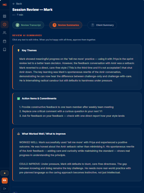 AI summaries you review, edit, and approve.